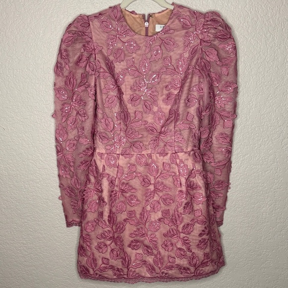 NEW HELSI Christy Scalloped Long Sleeve Pink Floral Applique Mini Dress Sz S - Picture 3 of 12